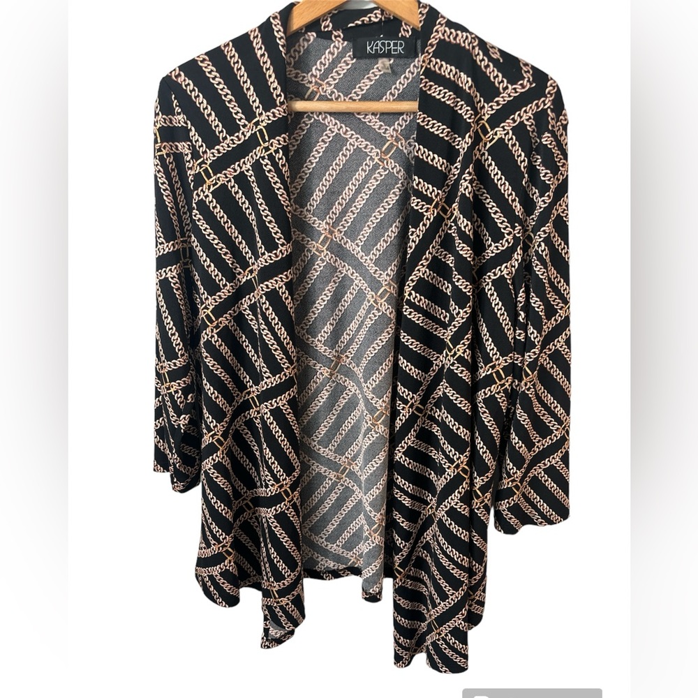 Kasper open cardigan top with chain link metallic detailing in size large. EUC.
